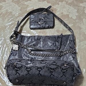 Elegant Black Python Snake Print Genuine Leather JENTOU Trish Women's Bag Set